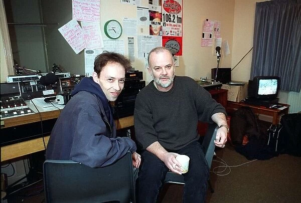 Radio One DJ Steve Lamacq and John Peel at the decks of Subcity Radio in Glasgow student