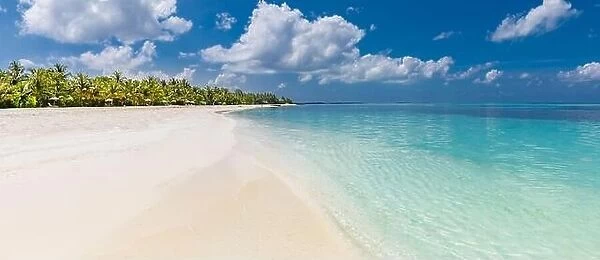 Amazing summer beach panorama. Exotic island coastline with palm trees and white sand close to amazing blue sea and lagoon. Tropical paradise beach