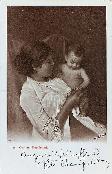 Costumes of Naples. Portrait of a woman with a baby, postcard