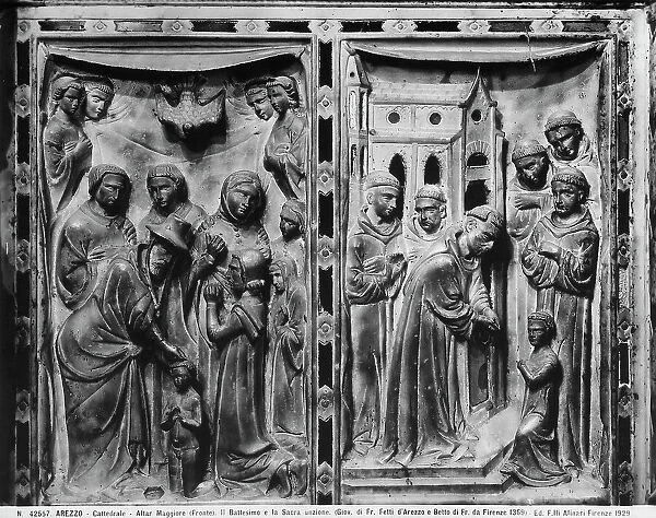 Episodes from the Baptism and the Holy Unction, front side panels of St. Donato's tomb, in the Cathedral of Arezzo