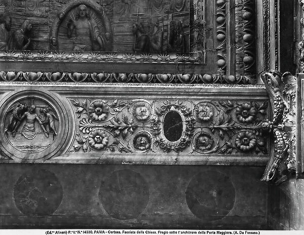 Frieze of the architrave of the main door of the facade of the Chiesa Maggiore near the Certosa of Pavia