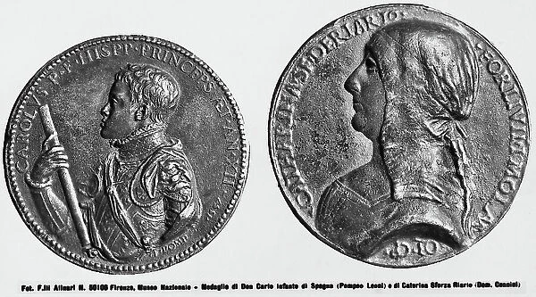 Two medals depicting Don Carlo, Infante of Spain and Caterina Sforza Riario, by Pompeo Leoni, in the Medal Collection of the Museo Nazionale del Bargello, Florence