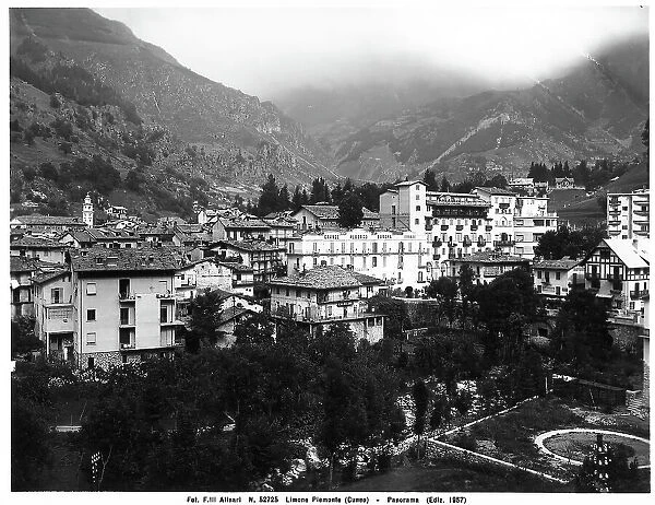 Panoramic view of Limone Piemonte, Province of Cuneo, with mountains in the background