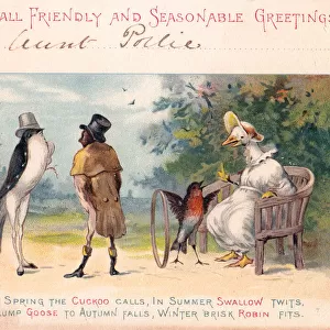 Four birds in a park on a Christmas card