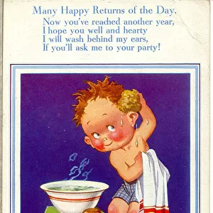 Birthday postcard, Little boy getting washed Date: 20th century