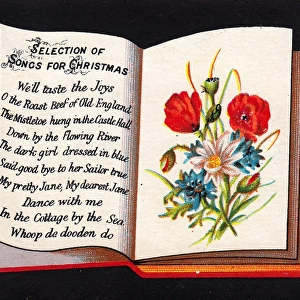 Book with song titles on a Christmas card
