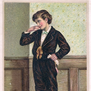 Boy in brown velvet suit on a New Year card