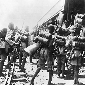 British battalion boarding a train for Cameroon, Africa, WW1
