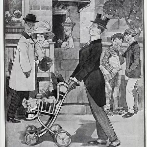 Caricature illustration, captioned, The First Born'. Showing proud father in top hat and tails, with child in bonnet in push chair, and onlookers in street scene. Horace Sydney Hebblethwaite, illustrator (1873-1914). Date: 1910