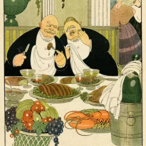 Cartoon, Two German spies. Two fat men at a table laden with food agree that it
