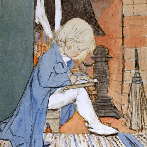 Child sitting by the fire by Muriel Dawson