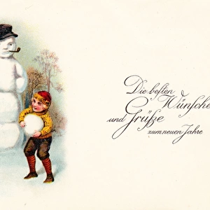 Children with snowman on a German New Year postcard