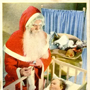 Christmas card, Santa Claus visiting baby in cot