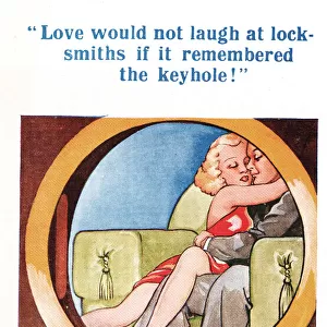 Comic postcard, couple viewed through a keyhole Date: 20th century