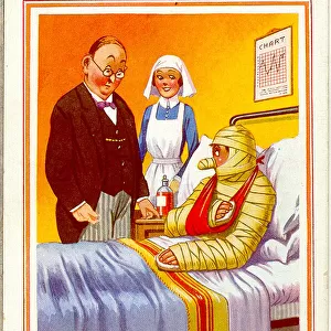 Comic postcard, Doctor, nurse and bandaged patient