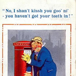Comic postcard, Drunken man with pillar box