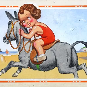 Comic postcard, Little girl riding a donkey on the beach