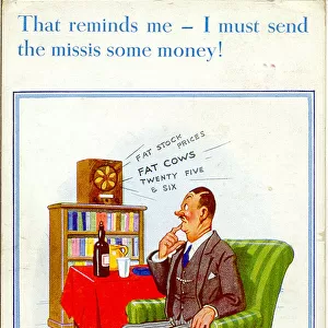 Comic postcard, Man listening to the radio Date: 20th century