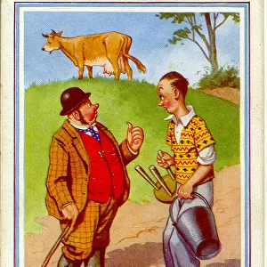 Comic postcard, Man reluctant to milk a cow Date: 20th century