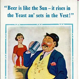 Comic postcard, Plump man drinking in pub Date: 20th century