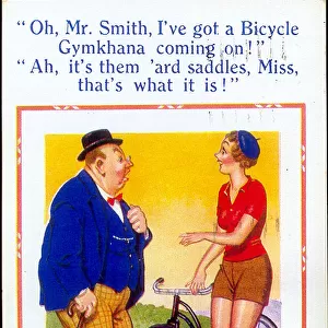 Comic postcard, Pretty woman with a bicycle