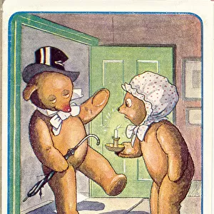 Comic postcard, Teddy bear comes home drunk. Ugh - You Man! Date: 20th century