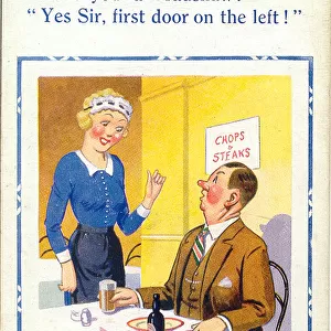 Comic postcard, Waitress answering mans question Date: 20th century