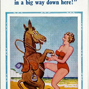 Comic postcard, Woman dancing with donkey on beach Date: 20th century