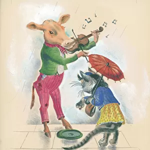 Cow playing violin, busking, cat putting coin in hat