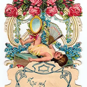Cupid with flowers and fan on a Valentine card