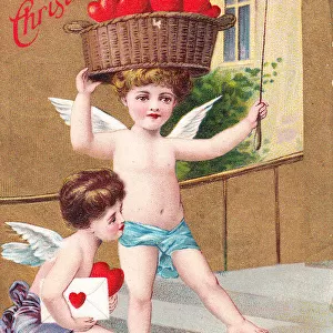 Cupids delivering red hearts on a Christmas postcard