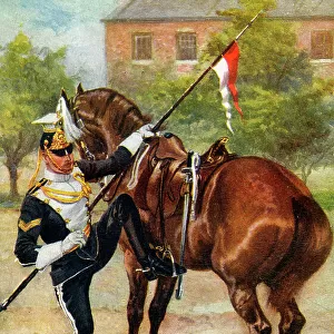 A despatch orderly mounting outside the troop stable