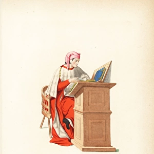 Doctor of law reading books at a lectern, 14th century