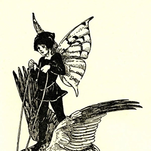 A fairy travels through the air on a bird