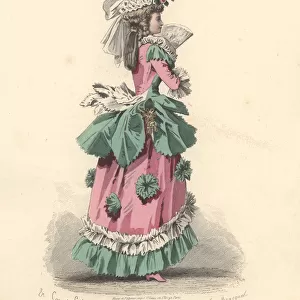 Fashionable woman in dress with rosettes, era of Marie