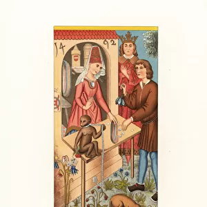 German female haberdasher in a shop selling thread, 1492