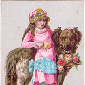 Girl and large dog with flowers on a Christmas card
