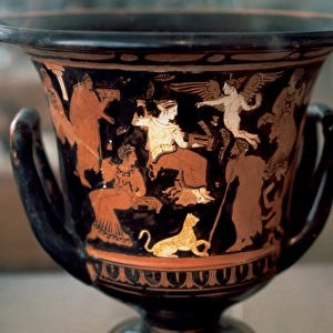 Greek art. Krater depicting parties idle. Dated to 4th centu