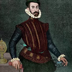 Hernan Cortes (1488-1547). Engraving. Colored