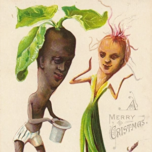 Humanised vegetable couple on a Christmas card