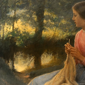 Leon Delachaux (1850-1919). French painter. Girl knitting, 1