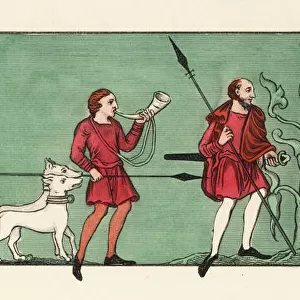 Men swine hunting with spears and horn, 9th century