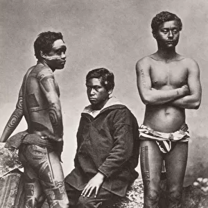 Pacific Islands, Oceania: three men, one with tattoos