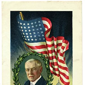 President Woodrow Wilson's head against the Stars & Stripes