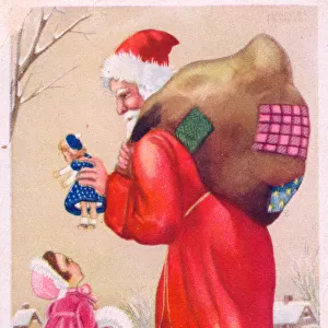 Santa Claus with girl on a Christmas postcard
