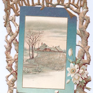 Snow scene and white flowers on a New Year card
