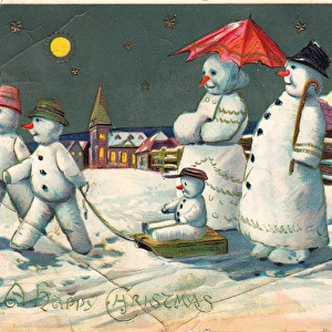 Snowman and family on a Christmas postcard