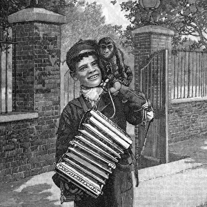 Street music: A concertina player with monkey friend, c. 1890