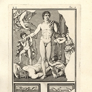 Theseus standing over the slain Minotaur in Crete