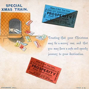 Travel tickets with comic verse on a Christmas card